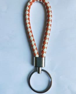 Vit+orange läderrepnyckelring, vävd nyckelaccessoar, metall
