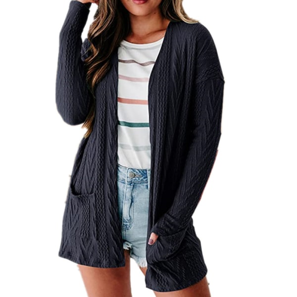 Damegenser i ensfarget cardigan med åpen frontkappe Navy Blue L