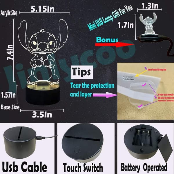 Lilo and Stitch Teddy Lamp 3D Visual Safe of Baby Smart Sens