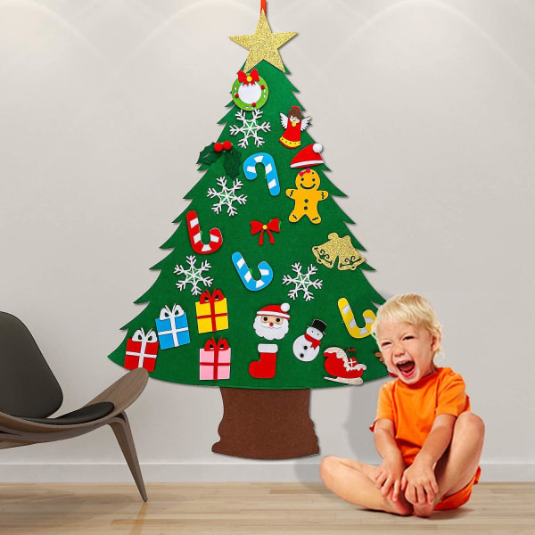 Filt julgran, DIY julgran med 25st prydnadsföremål, juldekorationer Dörr Vägghängande prydnader för barn Julklappar Festtillbehör