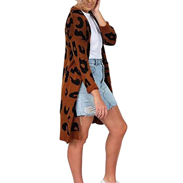Dame flaggermusermet Åpen Front Leopard Strikket Maxi Cardigan Genser Coffee L