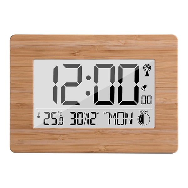 Radio-controlled Digital Clock - Genuine Bamboo Case, Lcd Display, Thermometer, Alarm, And Calendar. Includes Battery.
