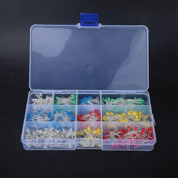 500 stk. Blå/Gul/Rød/Grønn/Hvit 3 mm rundhodet LED-lysdiode-settboks
