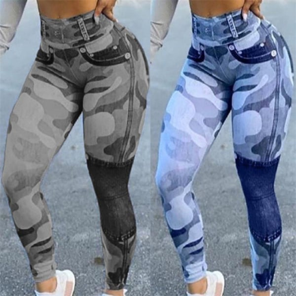 Damer med hög midja Camo Slim Jeans eggings med knapppanel blue L