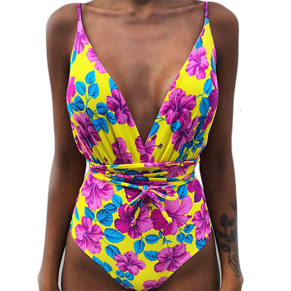 Kvinder V-hals Udskåret Bikini Multi-Way Bandage Monokini Boho Blomster Badedragt 9 2XL