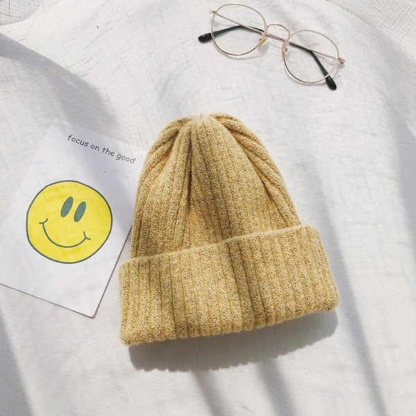 Varm vinterstrikket lue for dame vinter herre høst og vinter ull Hold varmen Plysj genser unisex Mohair yellow M 55-58cm