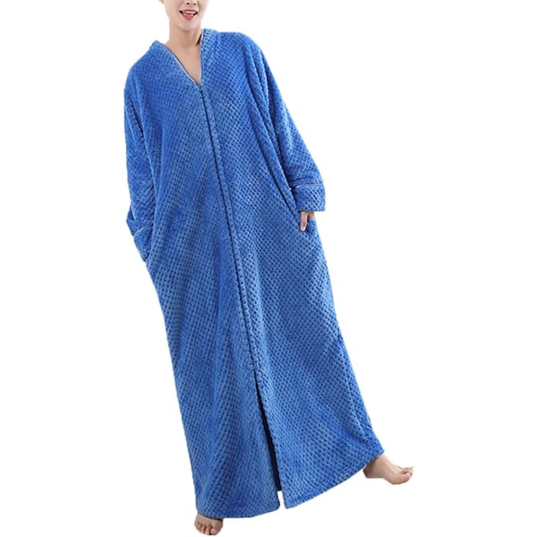 Ladies Zip Fleece Waffle Lång orgonrock Fluffig Handduk orgonrock Sovkläder Blue M