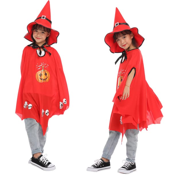 (Rød) Børne Halloween Heksekappe med Børnehat - Hudvenlig, c