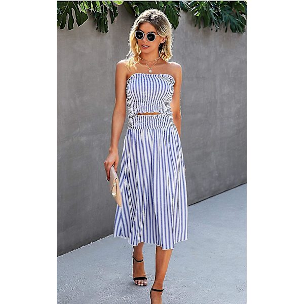 Blommig blus för kvinnor, Maxikjol kostymklänning Blue Striped Medium