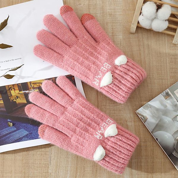 Kvinnor Tjej Stickad Finger Håll Varm Katt Print Vinterhandskar Mjuk Varm Vante