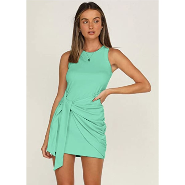 2023 Dame sommer Casual Ermeløs Strandtankkjole Bodycon Rynket Minikjoler Light green L