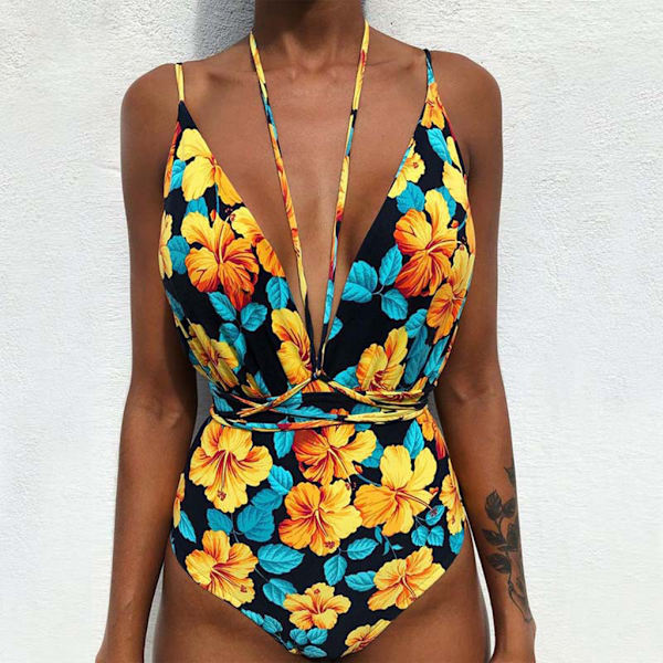 Kvinder V-hals Udskåret Bikini Multi-Way Bandage Monokini Boho Blomster Badedragt 1 L