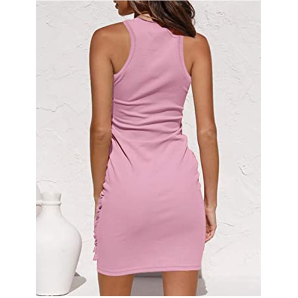 2023 Dame sommer Casual Ermeløs Strandtankkjole Bodycon Rynket Minikjoler Pink L