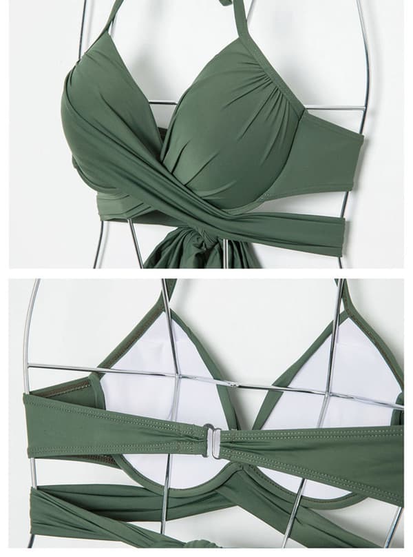 Kryss-bundet splitt bikini (grønn S, 80-85), samlende sexy bryst