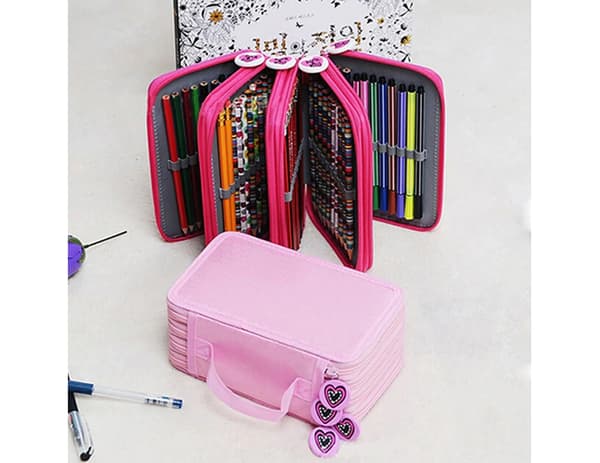 Kapacitet Penna Case Box Stationär skolmaterial Makeup Förvaringsväska-Rosa