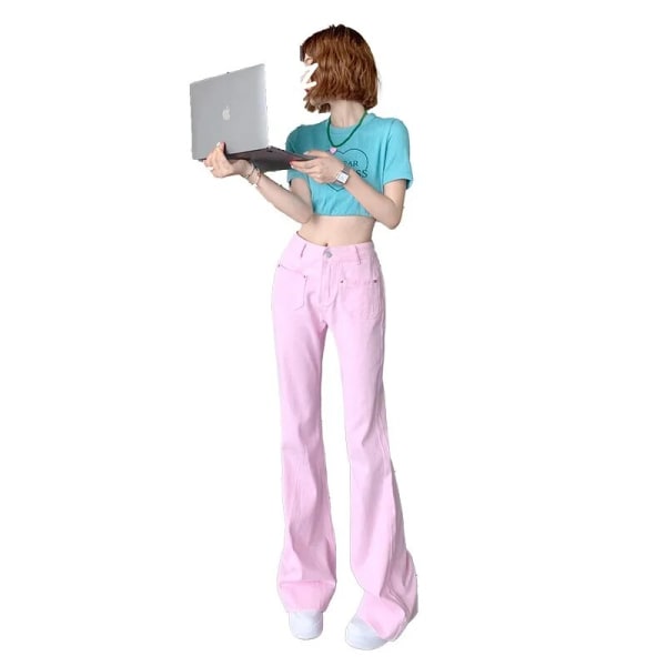 FINORD Retro Lyserosa Slengbukser Dame Med Lomme Streetwear Høy midje Baggy Jeans Løse koreanske Flare jeansbukser Pink S
