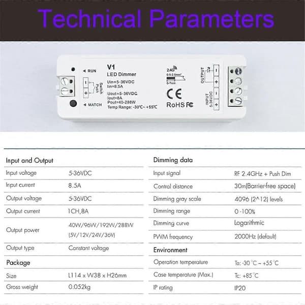 RF Mini Style LED Dimmer KIT Innendørsbelysning 12V 24V 1CH Ensfarget LED Dimmerkontroller