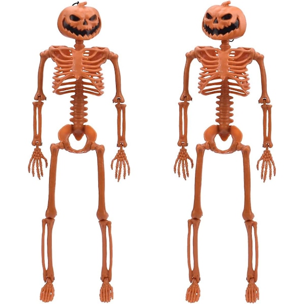 15,7' bevegelig Halloween-skjelett - Gresskarhode helkroppsskjelett med bevegelige ledd - Rekvisittdekorasjoner for spøkelseshus - pakke med 2