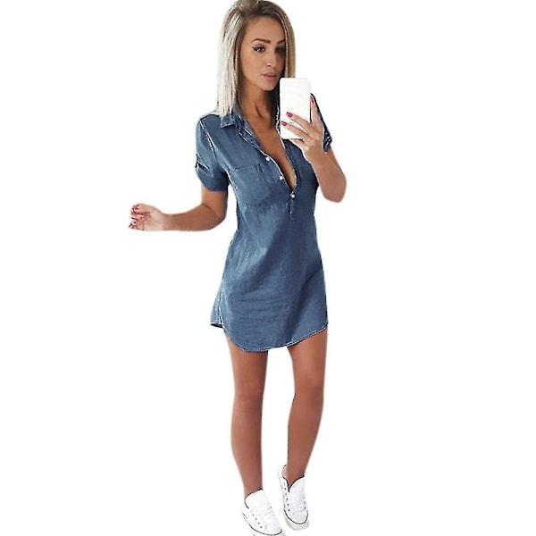 Kvinnor Kortärmad Klänning Solid Denim Klänning Turn Down Collar Mini Klänningar XL