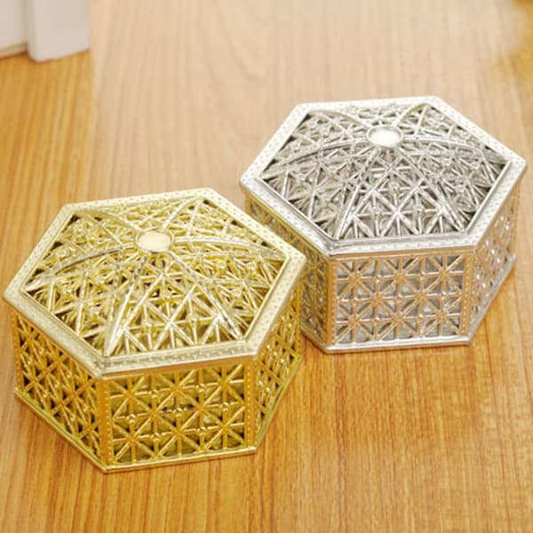 Retro plast ihåliga smycken förvaringsbox box prydnadsföremål Organizer Bröllopsfavorit box-silver Hexagon
