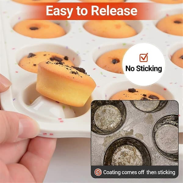 2-pakning Mini Muffinsform, Forsterket Ramme Mini Cupcakeformer 24 Kopper Nonstick Mini Muffins Silikonformer med Håndtak