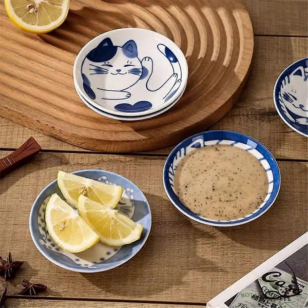 Keramiske sovseskåle, japansk stil kattegarnmønster, sushitallerken, dessertkrydderiservice, spisebordsdipskaal B
