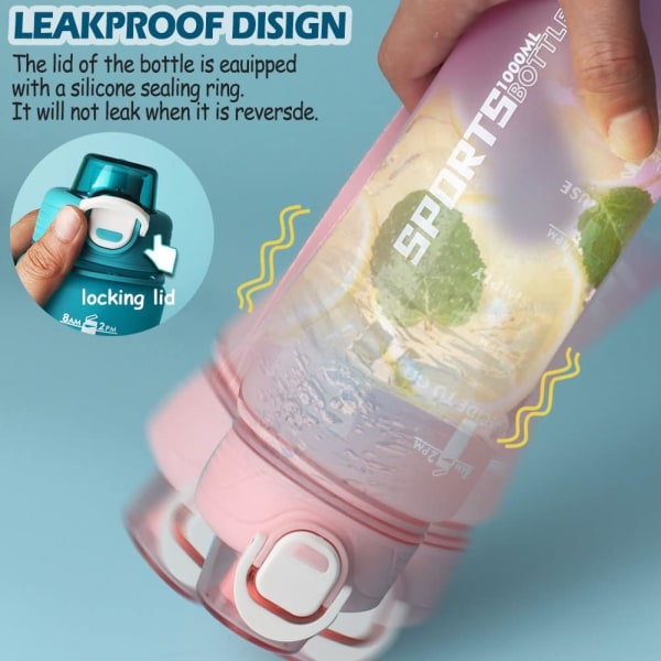 Vattenflaska, 1 liter sportvattenflaska med sugrör, tidsmarkör och cover, läckagesäker, BPA-fri tritan, giftfri dricksflaska av plast Rose Pink