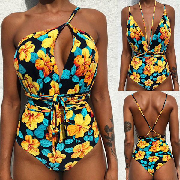 Kvinder V-hals Udskåret Bikini Multi-Way Bandage Monokini Boho Blomster Badedragt 1 L