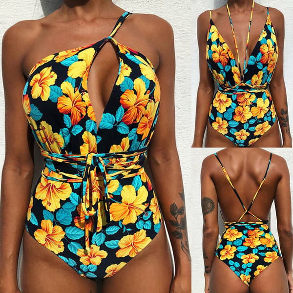 Kvinnor V-ringad One Piece Bikini Multi-Way Bandage Monokini Boho Floral Baddräkt 8 XL