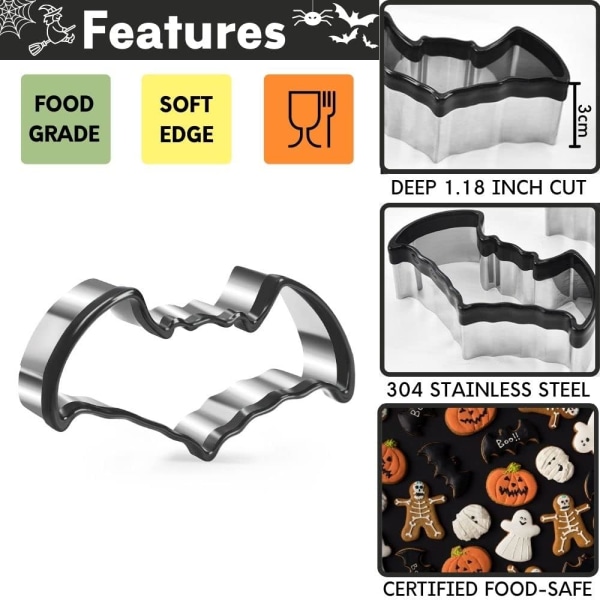 Halloween Kakeutstikker - 3 deler flaggermusform i rustfritt stål