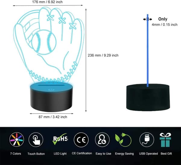 3D Illusion Skrivbordslampa Baseball Handske Modell, LED USB Touch Bu