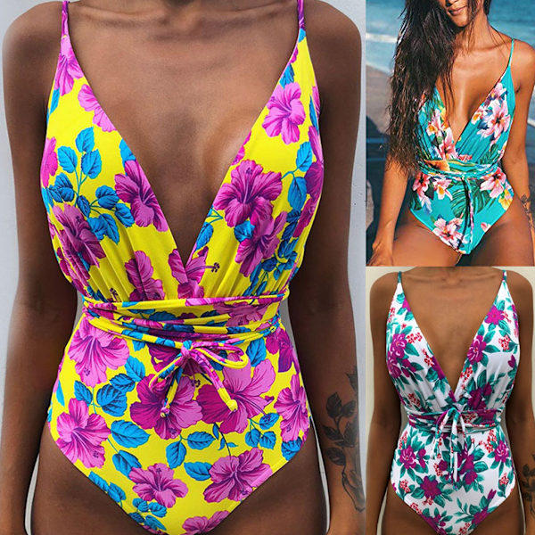 Kvinder V-hals Udskåret Bikini Multi-Way Bandage Monokini Boho Blomster Badedragt 1 L