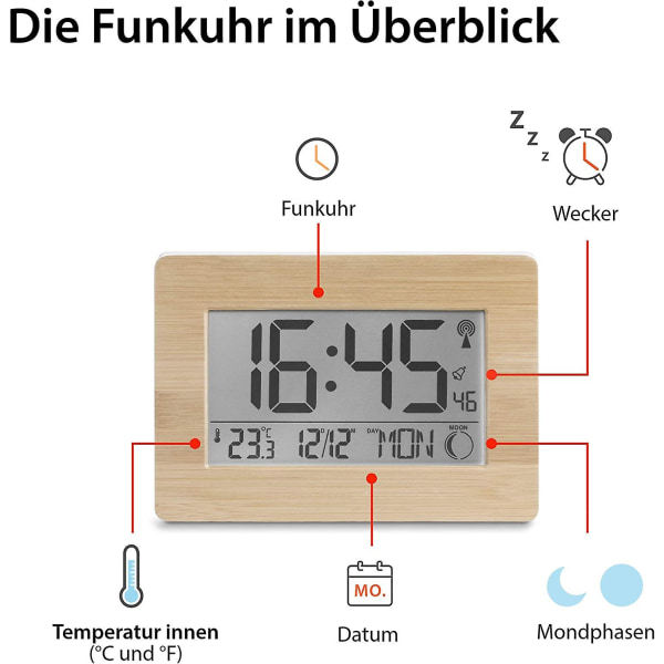 Radio-controlled Digital Clock - Genuine Bamboo Case, Lcd Display, Thermometer, Alarm, And Calendar. Includes Battery.