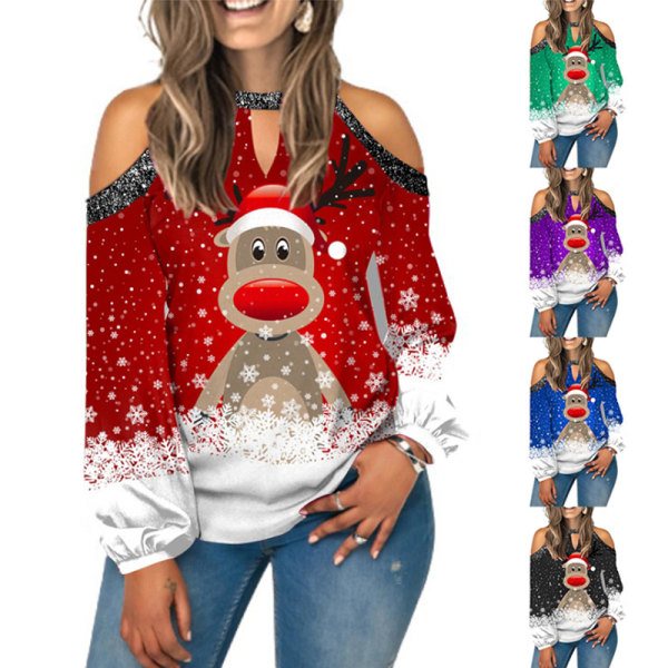 Ny langermet V-hals bluse med trykk for kvinner Red 2XL