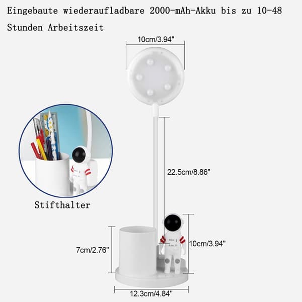 Hvit LED-skrivebordslampe for barn, batteridrevet skrivebordslampe