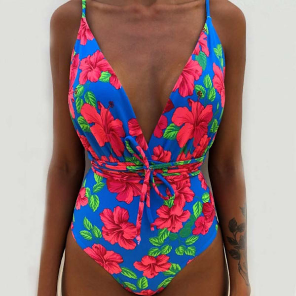 Kvinder V-hals Udskåret Bikini Multi-Way Bandage Monokini Boho Blomster Badedragt 1 L