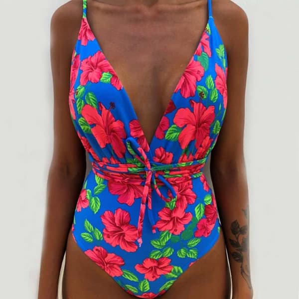 Kvinnor V-ringad One Piece Bikini Multi-Way Bandage Monokini Boho Floral Baddräkt 11 L