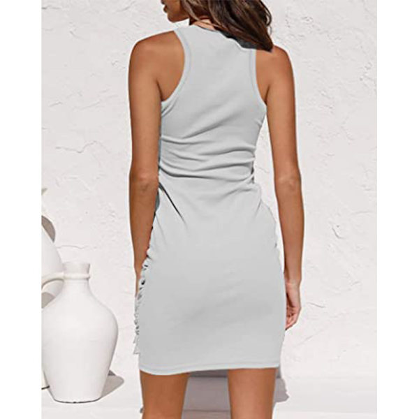 2023 Dame sommer Casual Ermeløs Strandtankkjole Bodycon Rynket Minikjoler Grey M