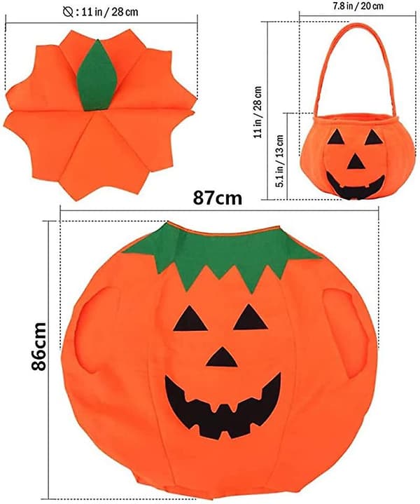 Halloween pumpa kostym, pumpa kostym med hatt och godispåsar