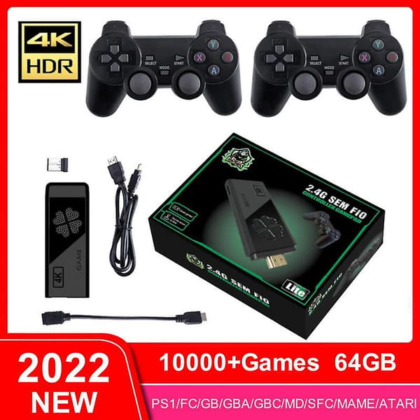 Videospilkonsol 2,4 g dobbelt trådløs controller Game Stick 4k 10000 Black 64G