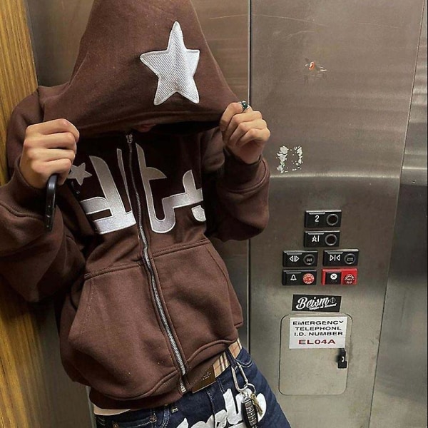 Män Printed huvtröjor Harajuku High Street huvtröjor Y2k Streetwear Hip Hop Gothic Zip Up Loose Jacka Kappor Brown 2XL