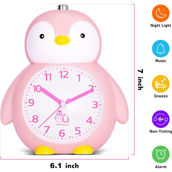 JUSTUP Kids Väckarklocka Söt Penguin Väckarklocka med Nattljus Snooze Väckarklocka --- Rosa