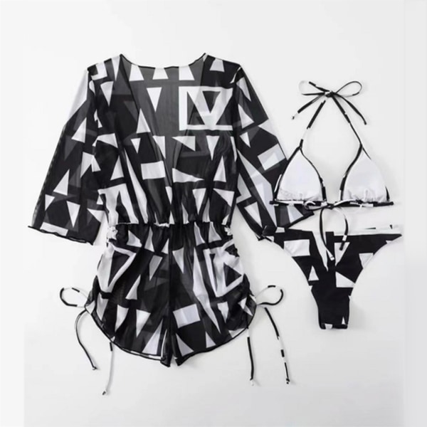 Halter set för kvinnor med cover Sexig spetsad baddräkt Mode med print Baddräkt Romper 3 delar Badkläder Black L