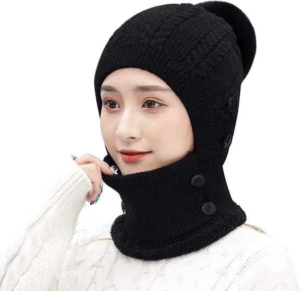 Varm Fleece Hætte Hat - Sort Halsedisse Strikket Hat Tyk Hat