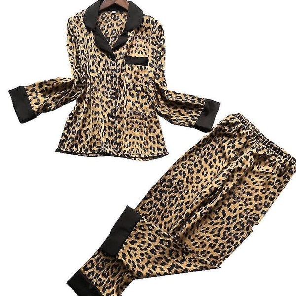 2-delat set kvinnor pyjamas set print siden satin långärmade byxor nattkläder set Lounge kostym M