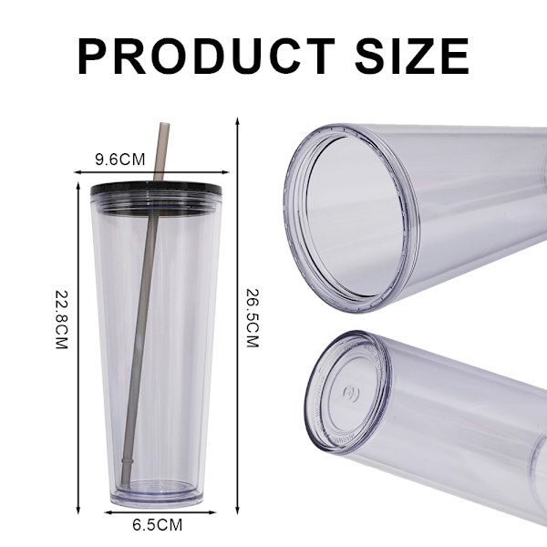 750ml dobbeltlags plastkopp, gjennomsiktig drikkekopp med lokk black