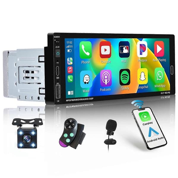 6,9 tommer trådløs Carplay bilstereo enkelt DIN touchscreen bilradio, Android Auto Bluetooth Mirror Link FM mikrofon SWC