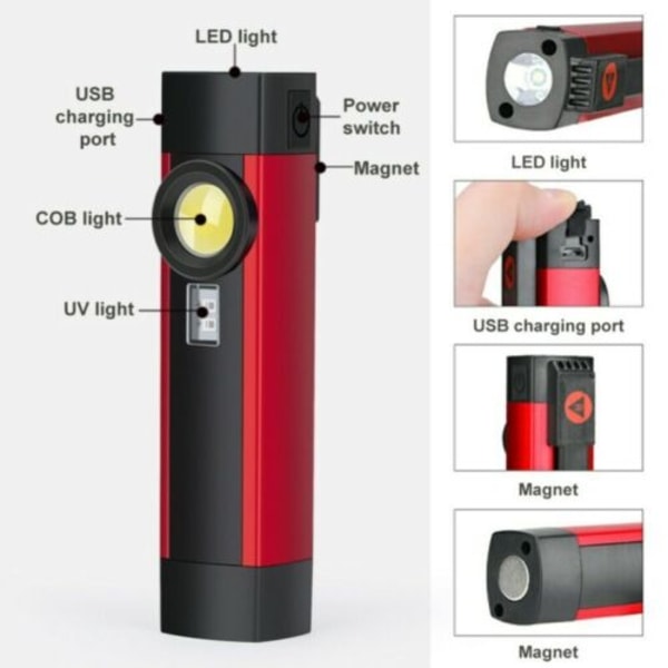 Multifunktionel COB-arbejdslampe USB-opladning rødt lys advarselslys LED-lommelygte med magnet bærbar håndholdt vedligeholdelseslampe