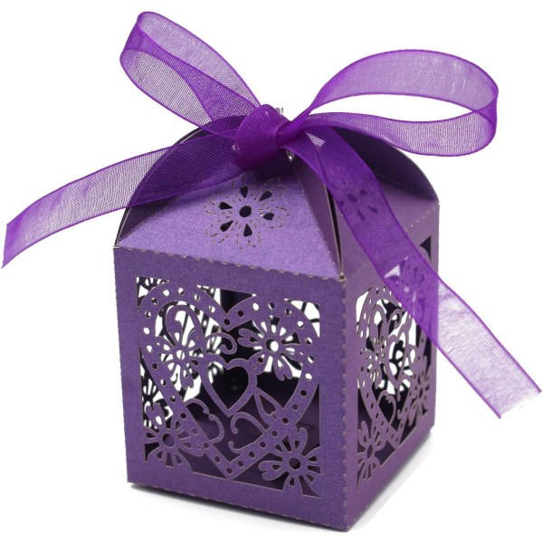 100 Pack Love Heart Laser Cut Bröllopsfest Favor Box Godispåse Lila