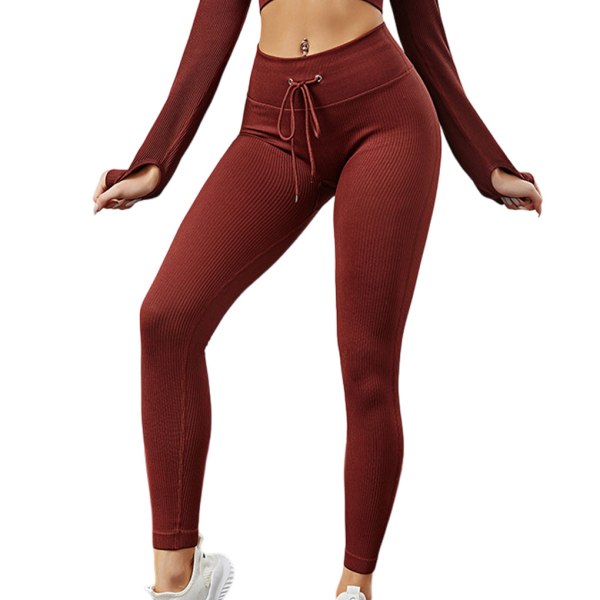 Naisten Ribbineulotut Leggingsit Saumattomat Kiristysnyörilliset Jooga Urheilutrikoot Wine red